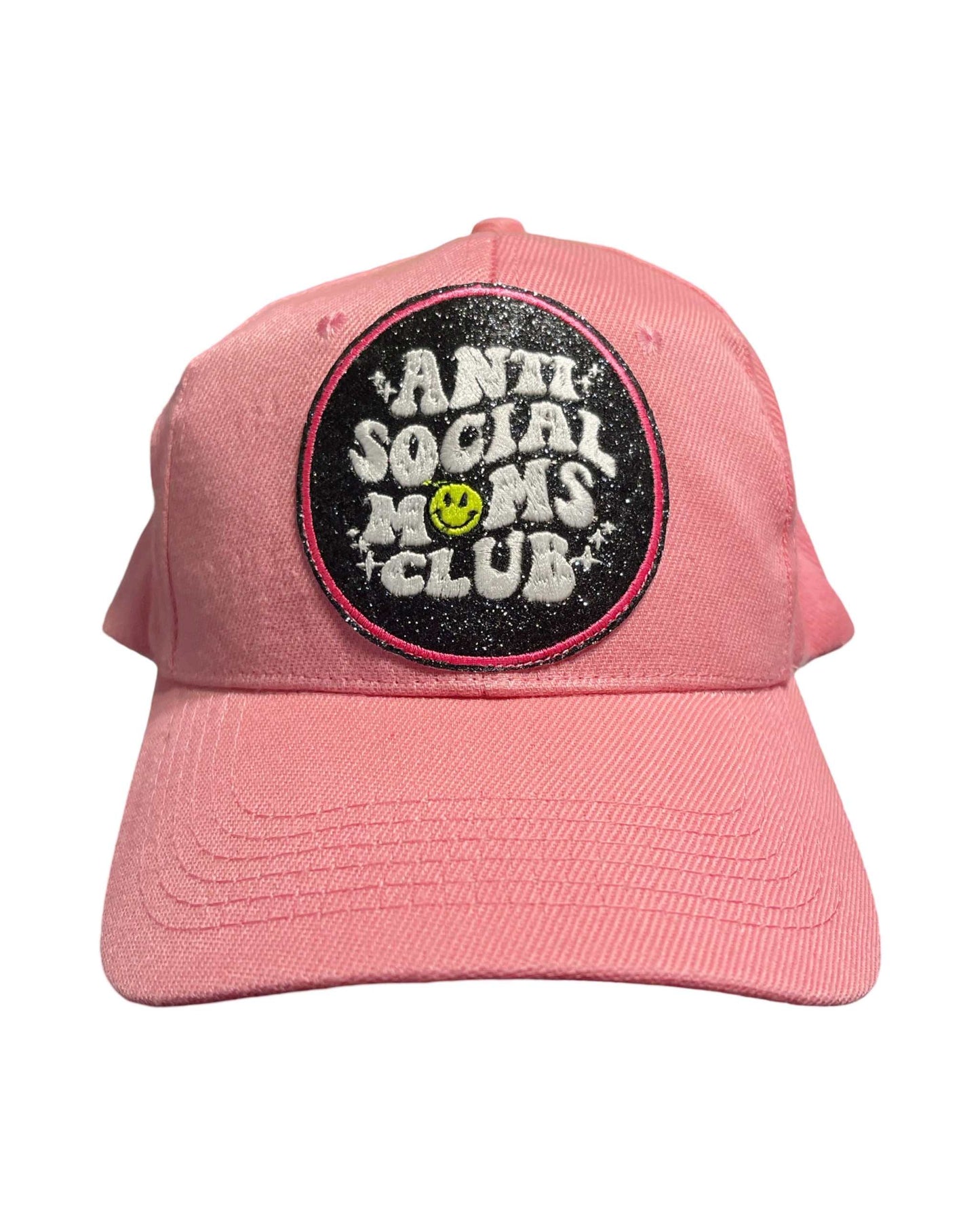 Pink baseball hat with 'Anti-Social Moms Club' black glitter patch.