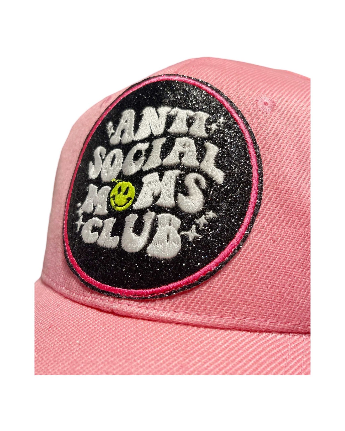 Pink Baseball Hat with 'Anti-Social Moms Club' Glitter Patch