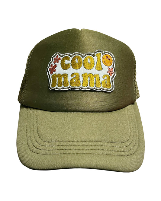Army Green Trucker Hat with 'Cool Mama' Patch - Retro Smiley & Flowers