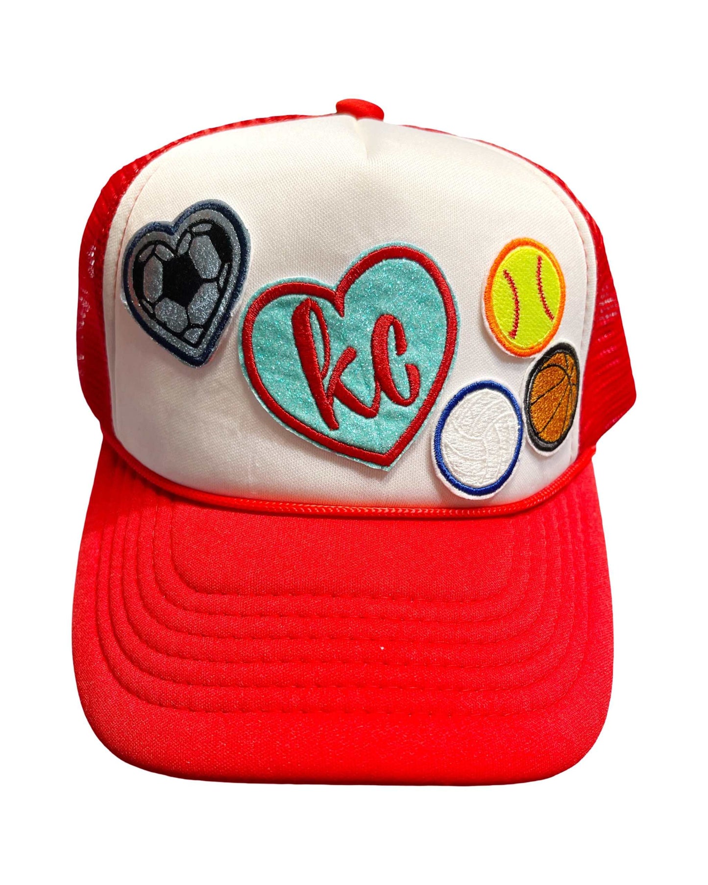 Red & White Trucker Hat with KC sports patches, ideal for Kansas City sports fans.