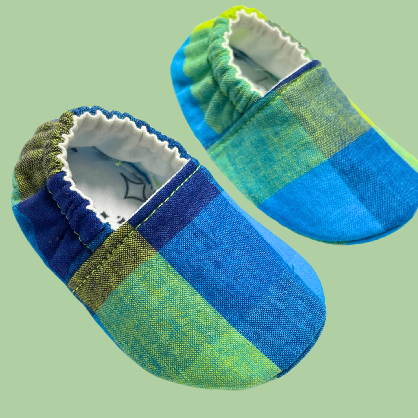 Blue & Green Madras Plaid Baby Shoes – Soft Sole, Handmade in Kansas City