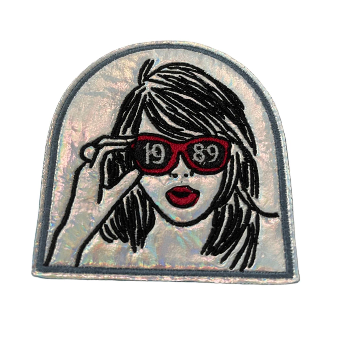 Handmade Taylor Swift 1989 sunglasses iron-on patch with holographic silver background.