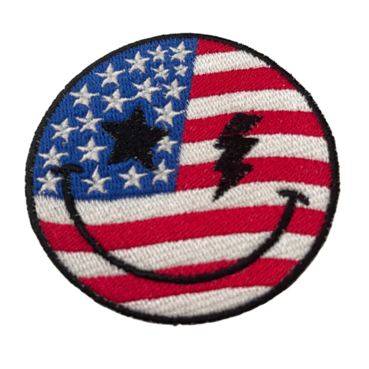 Patriotic smiley face iron-on patch with American flag design and lightning bolt.