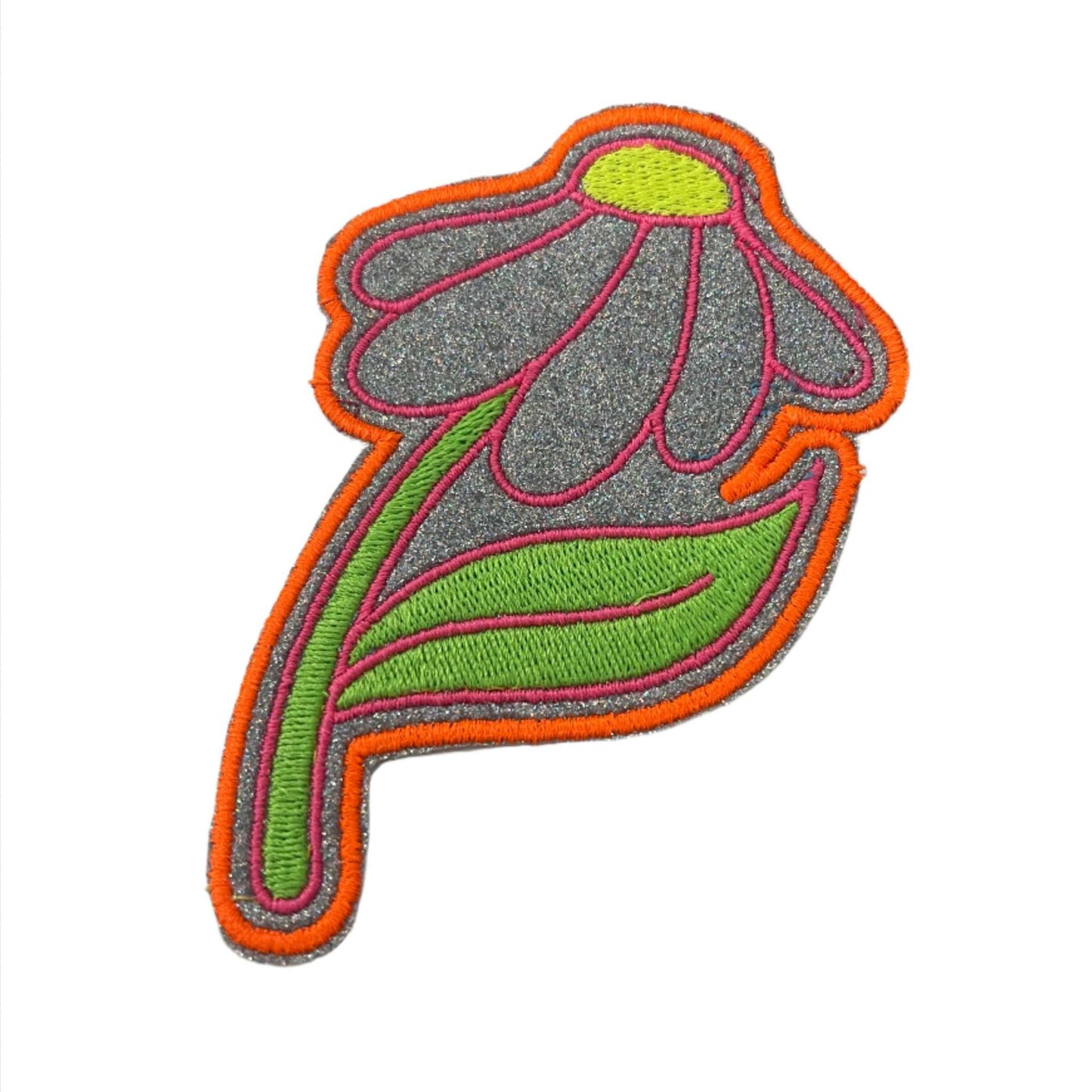 Handmade whimsical daisy flower iron-on patch with glittery silver petals, neon green leaves, and orange outline.