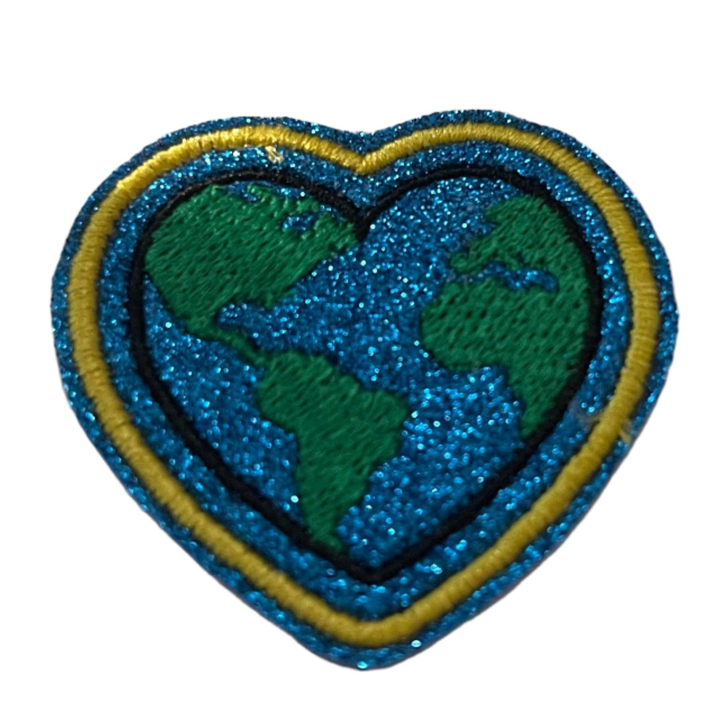 Heart-shaped Earth embroidered patch for custom apparel and accessories.