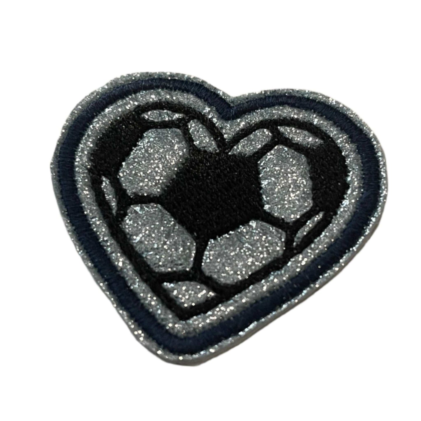 Soccer heart embroidered patch in Sporting Kansas City colors for custom hats and accessories.