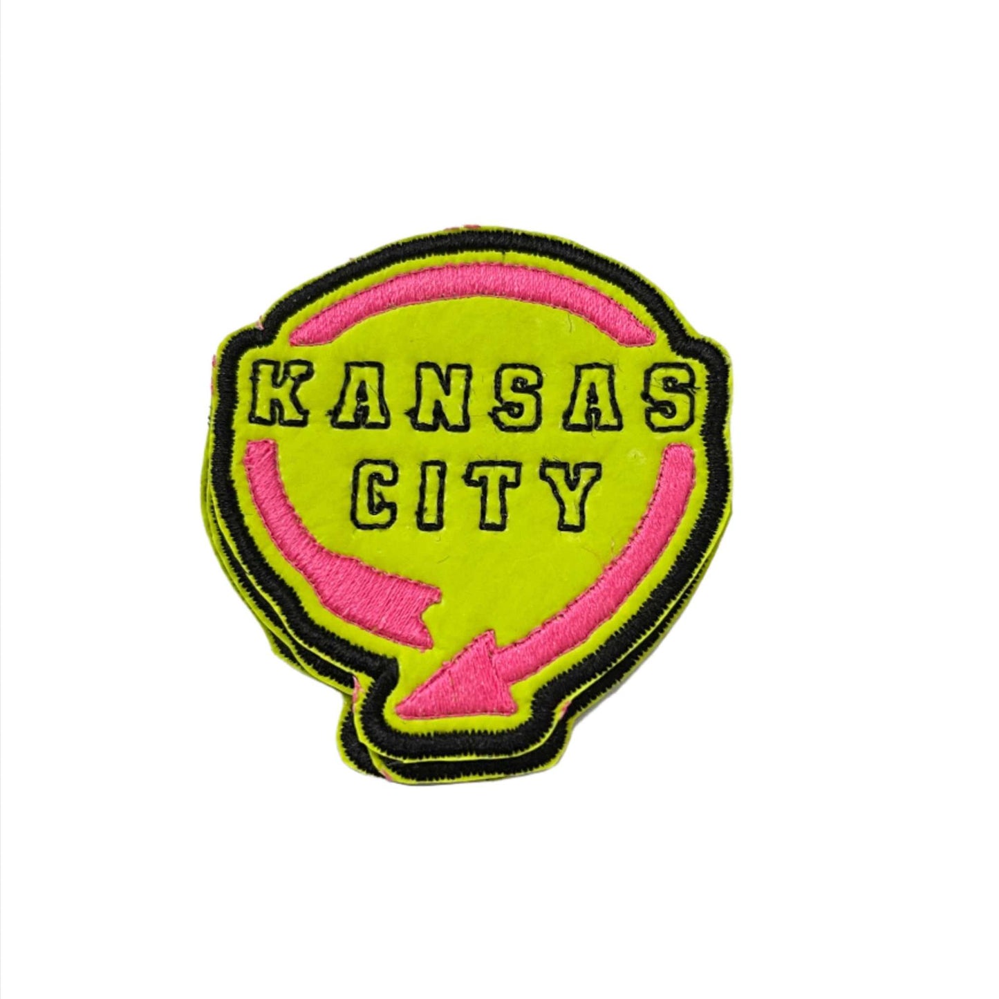 Kansas City iron-on patch featuring retro Western Auto Building sign design with neon colors.