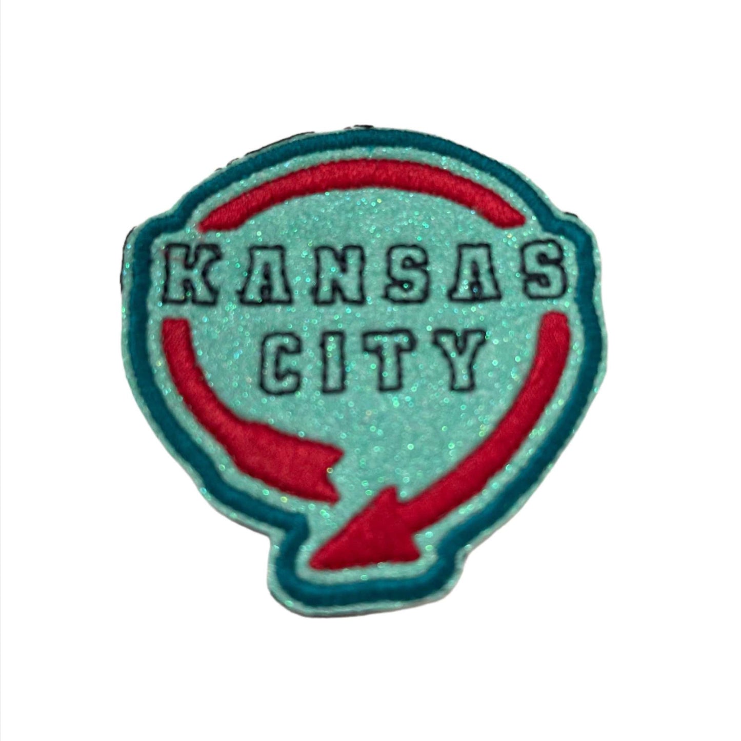 Kansas City iron-on patch featuring retro Western Auto Building sign design.