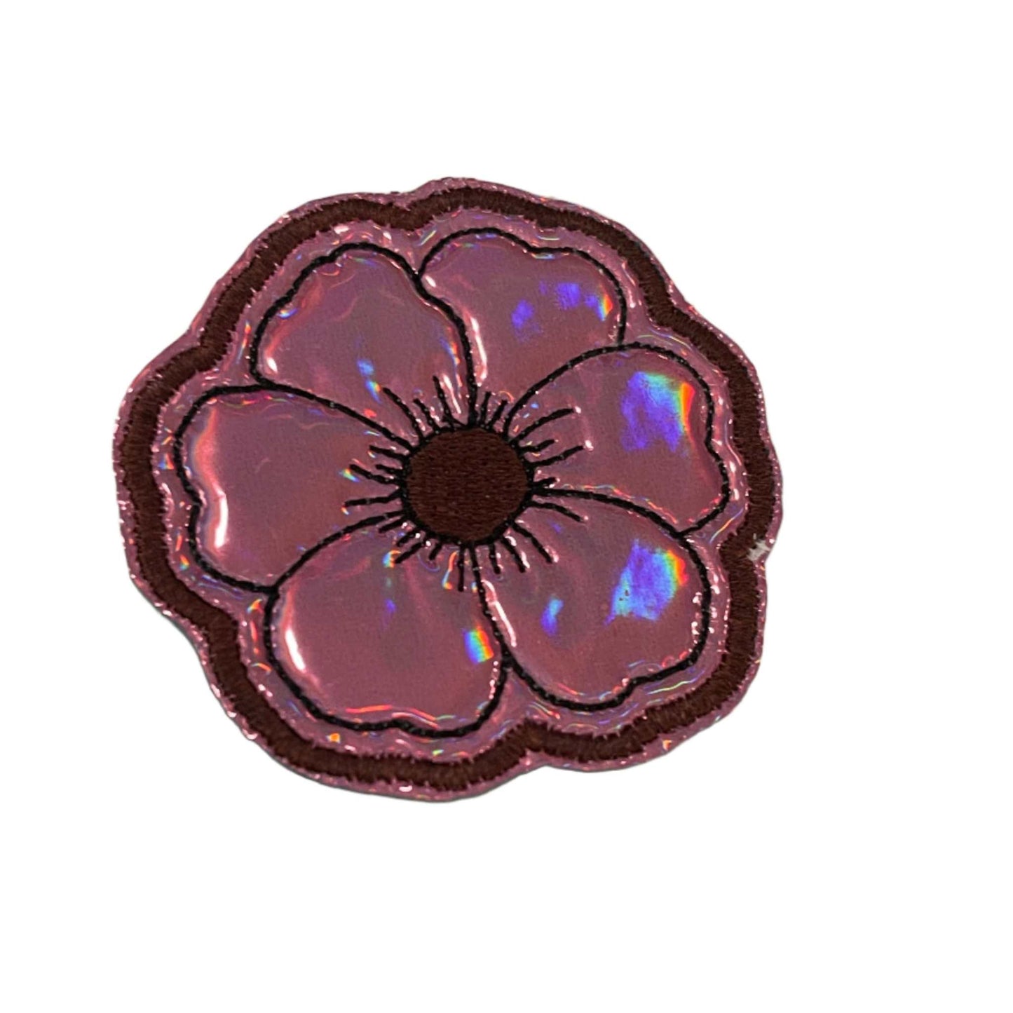 Groovy holographic pink flower patch for customizable fashion accessories.
