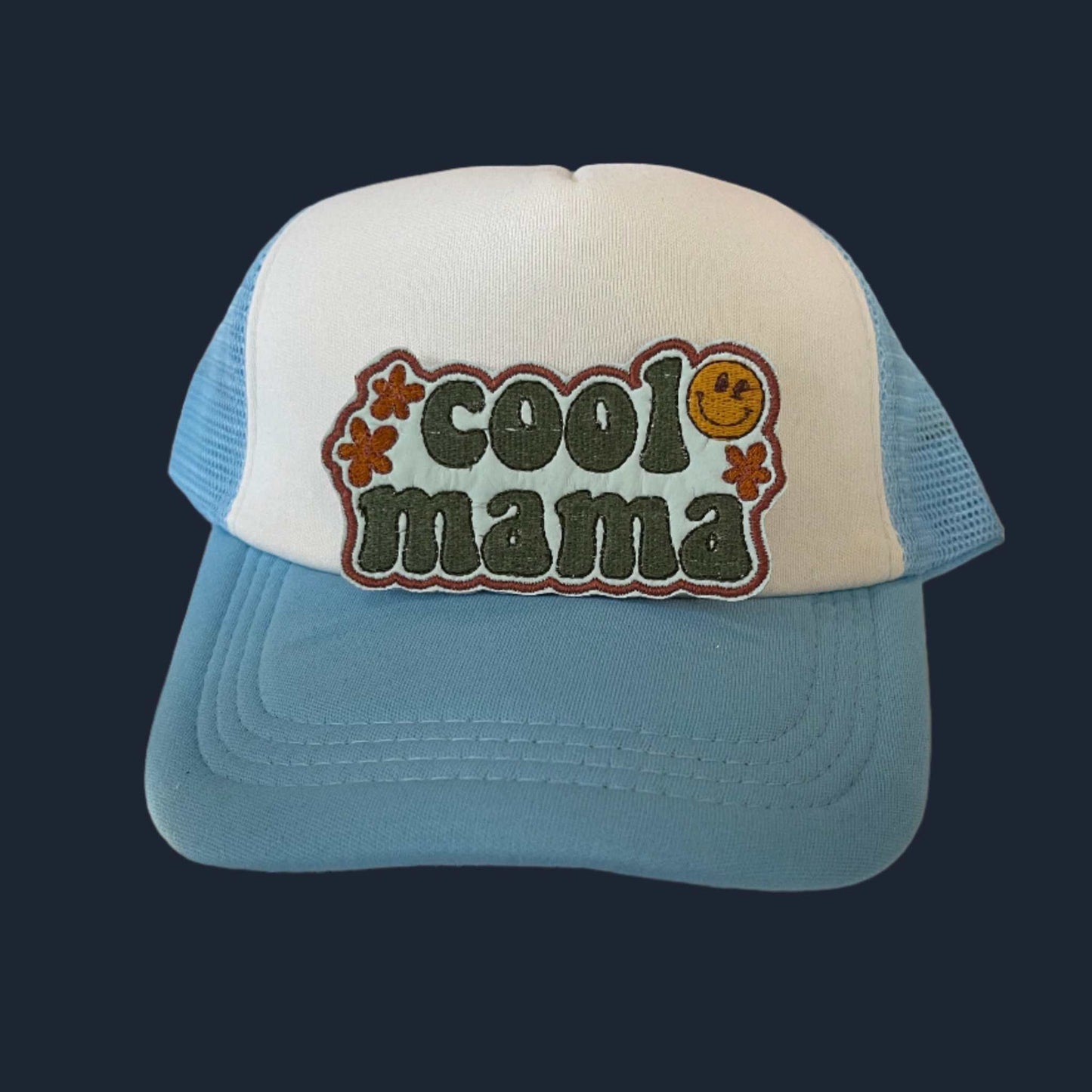 Handmade Cool Mama Iron-On Patch | Aqua on Light Blue, Orange Flowers, Yellow Smiley Face