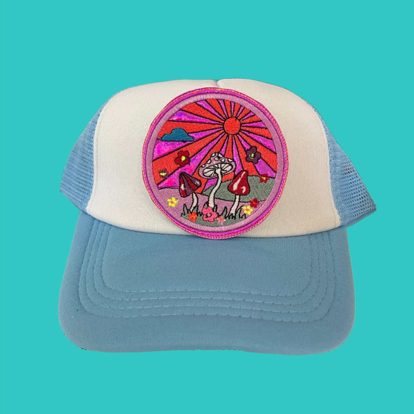 Handmade Mushroom Sunset Iron-On Patch | Purple Holographic