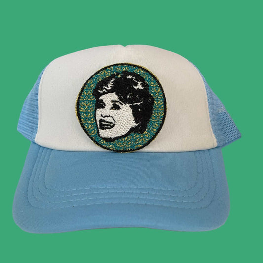 Golden Girls Blanche embroidered patch featuring a retro pop art design with a vibrant teal and gold background, perfect for customizing clothing and accessories.