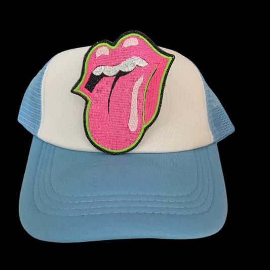 Pink tongue patch inspired by the Rolling Stones logo, perfect for customizing hats or clothing items.