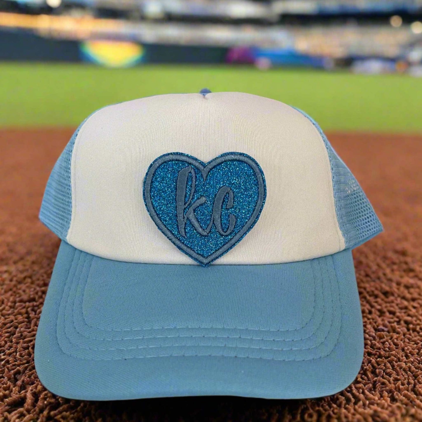 Heart KC iron-on patch in Kansas City Royals team colors, perfect for adding a touch of local pride to any apparel.