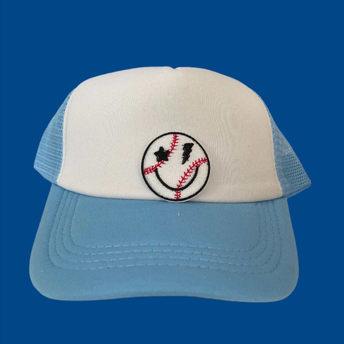 Close-up of a lightning bolt baseball embroidered patch with red and black detailing, perfect for customizing hats and other accessories.