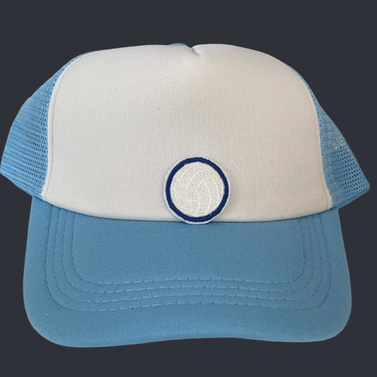 Close-up of a blue volleyball embroidered patch with white and blue detailing, perfect for customizing hats and other accessories.