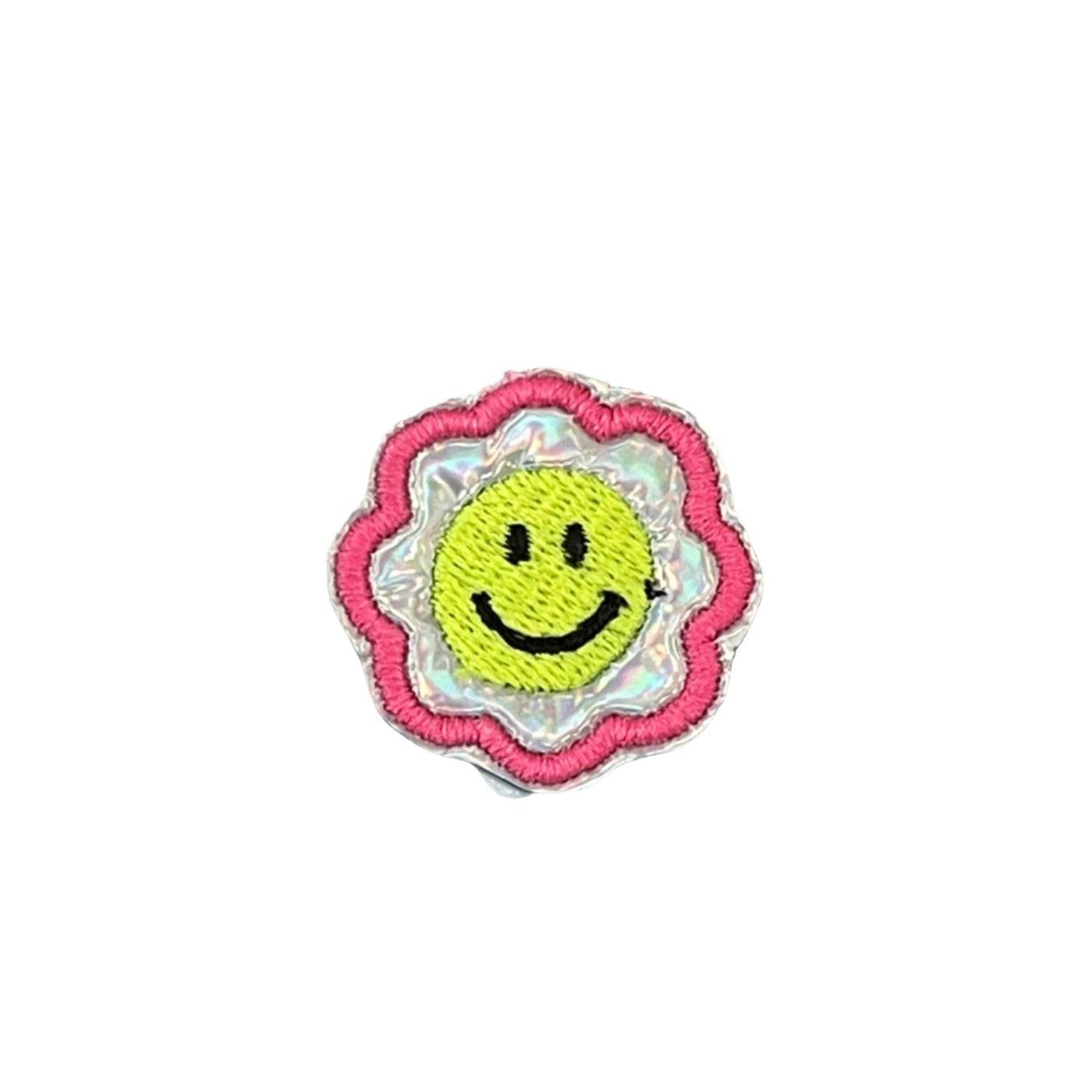 Smiley Flower patch for custom hats, apparel, and accessories.
