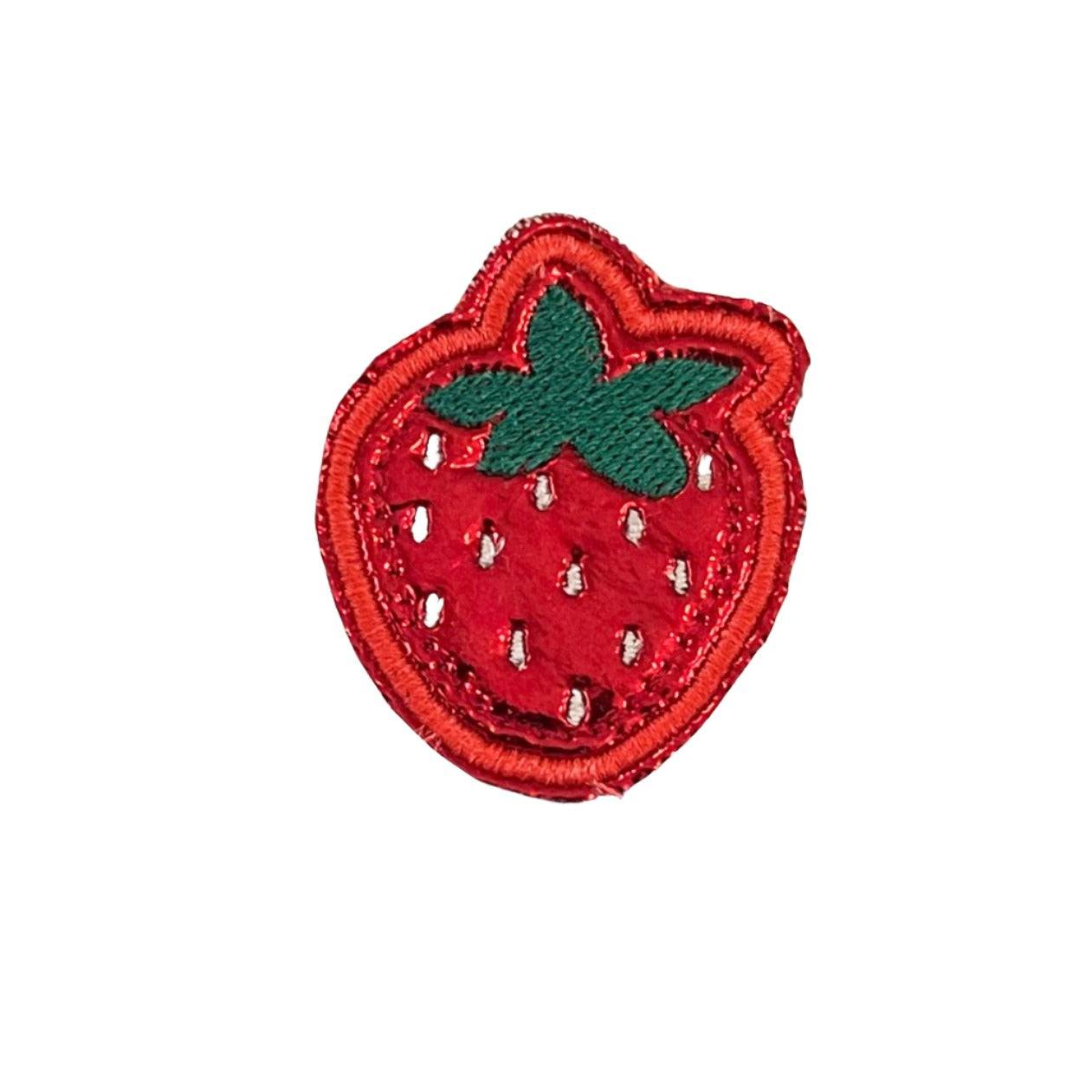 Fun strawberry embroidered patch with green stem.