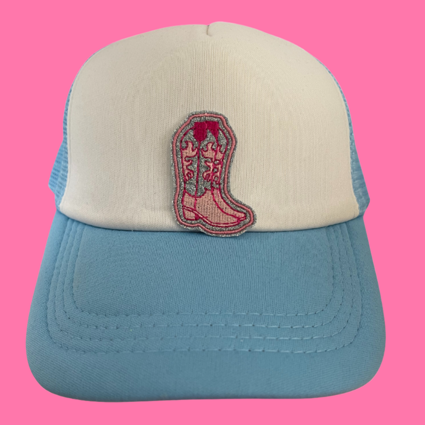 Pink cowboy boot iron-on patch in stylish embroidery, perfect for adding a touch of Western charm to your clothing or accessories, and ideal for customization.