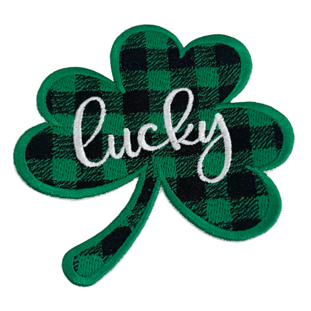 Handmade Lucky Shamrock patch with green plaid shamrock and "lucky" text for customization.