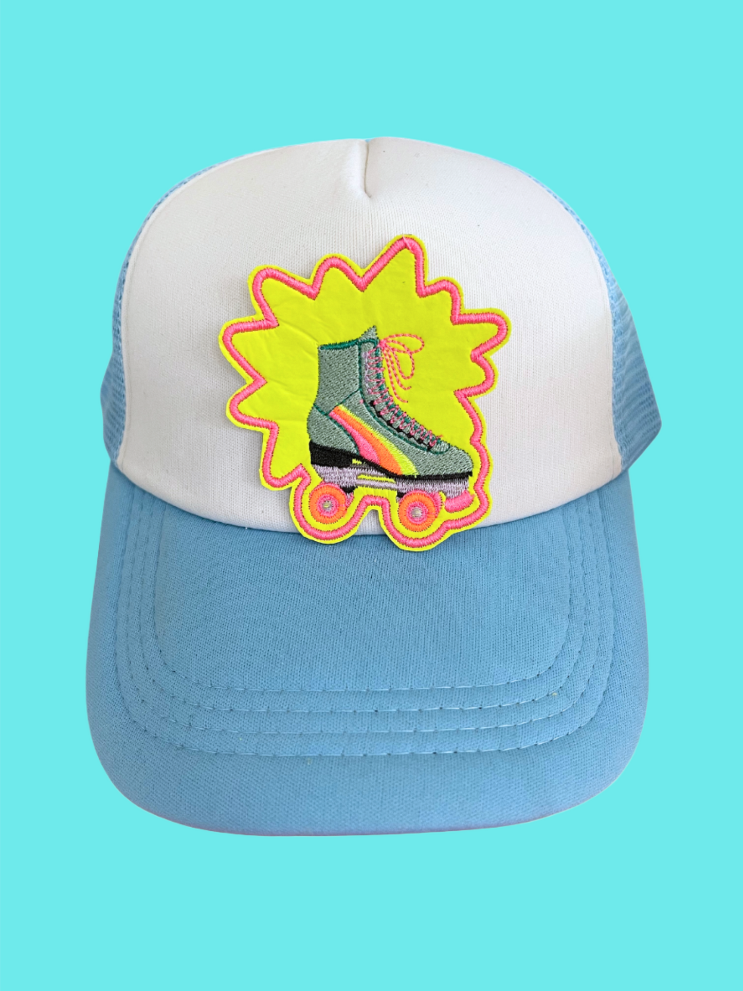 Handmade Neon Roller Skate patch with bright neon colors and intricate embroidery.