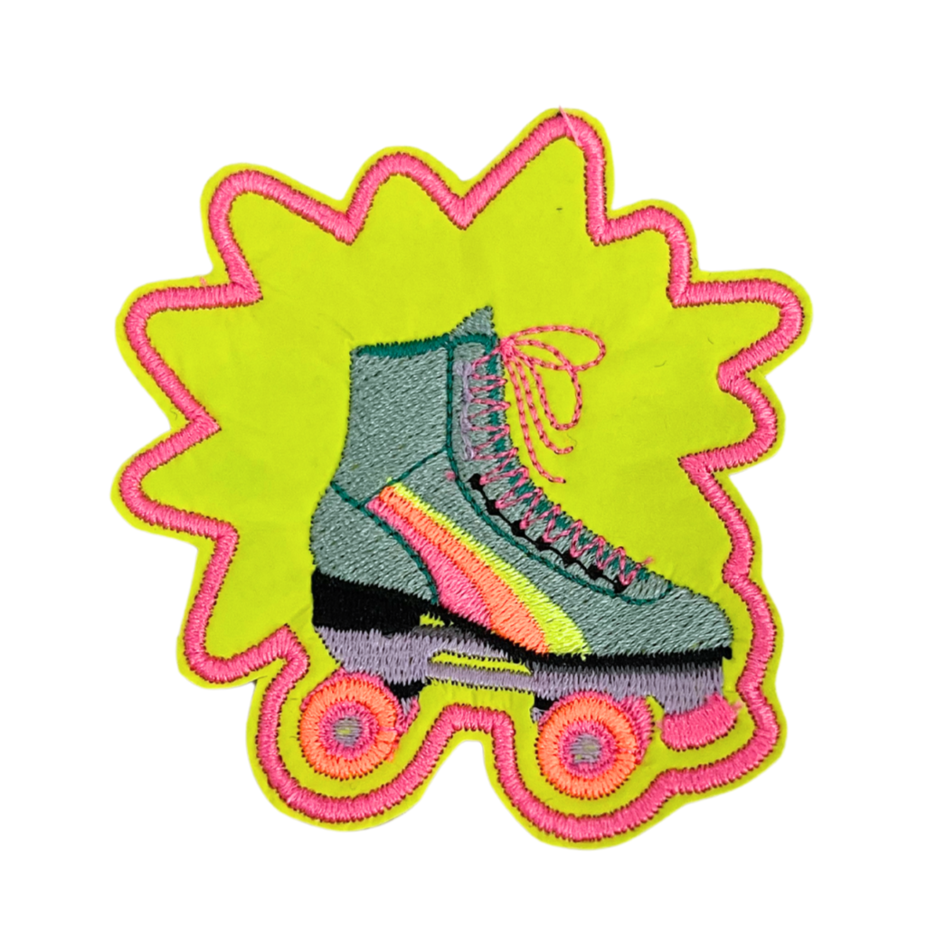Handmade neon roller skate patch for customizing hats, bags, or jackets.