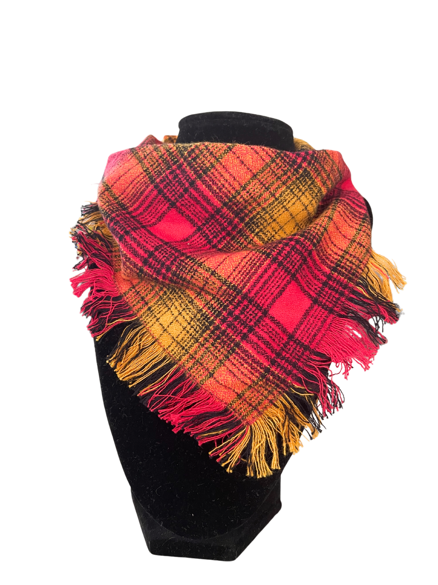 Vibrant red and yellow plaid fringe bib-dana scarf for babies and toddlers with adjustable snap closure.