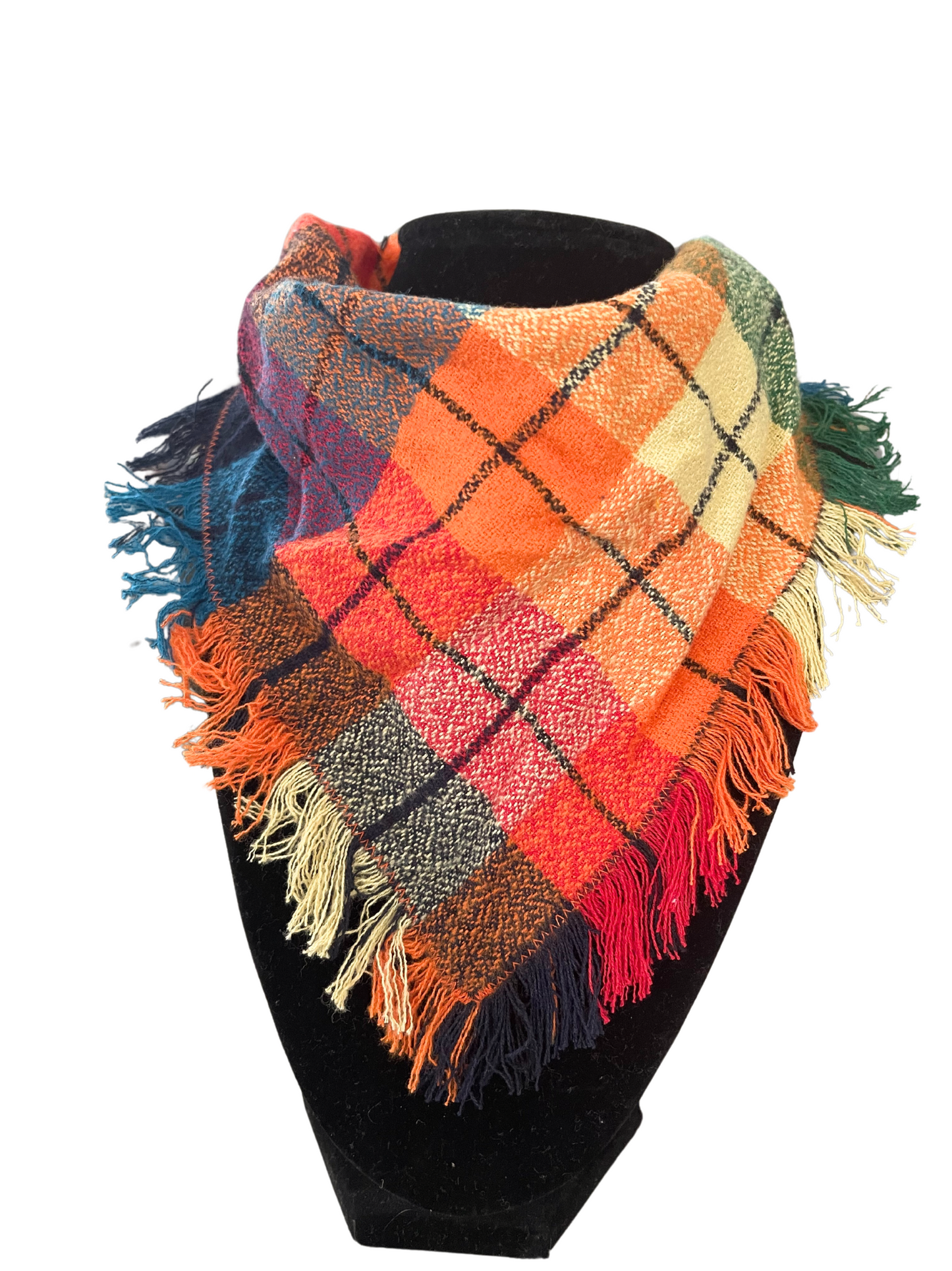 Autumn plaid fringe bib-dana scarf for babies and toddlers with adjustable snap closure.