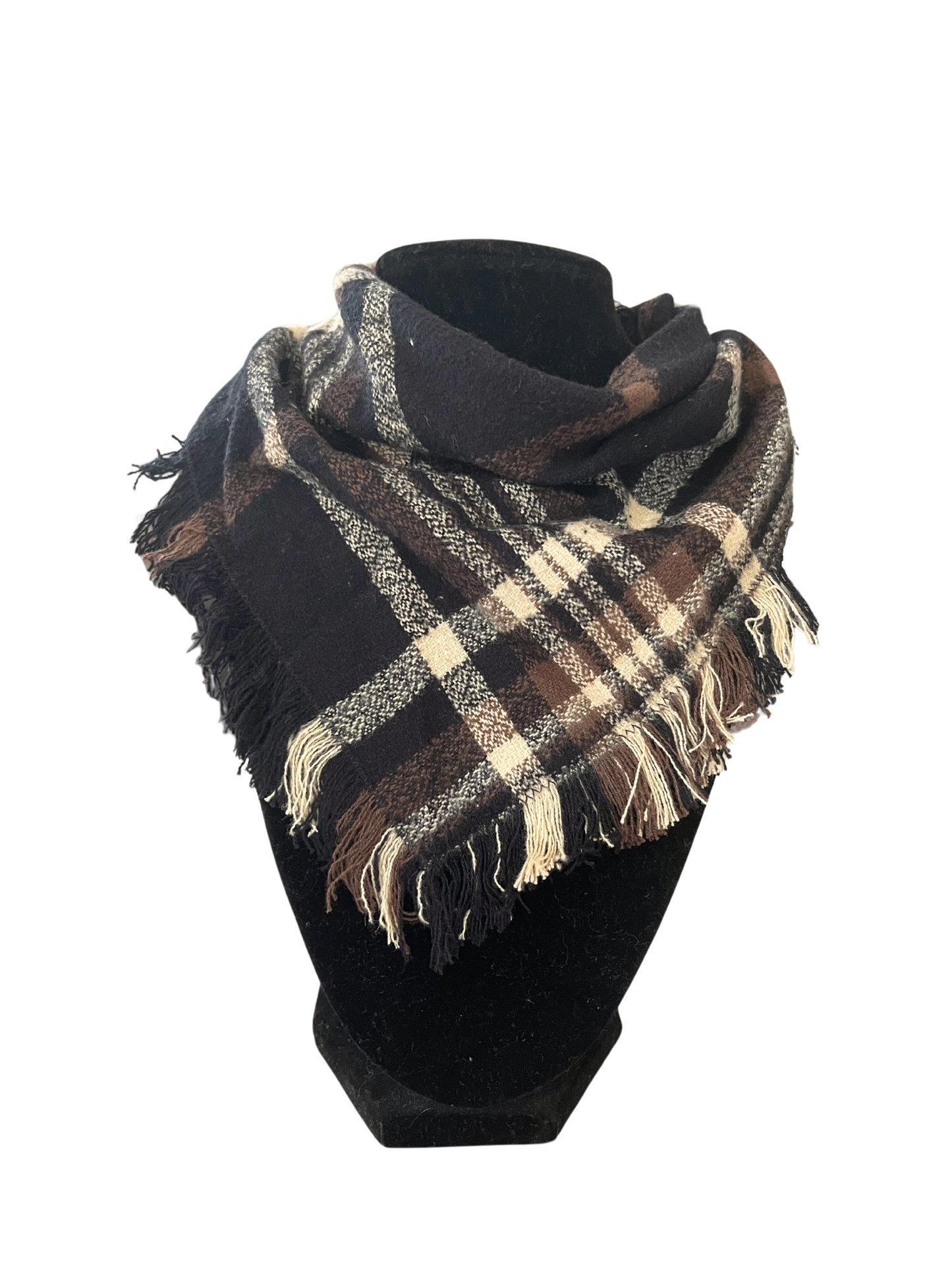 Classic brown plaid fringe bib-dana scarf for babies and toddlers on display, handmade in Kansas City.