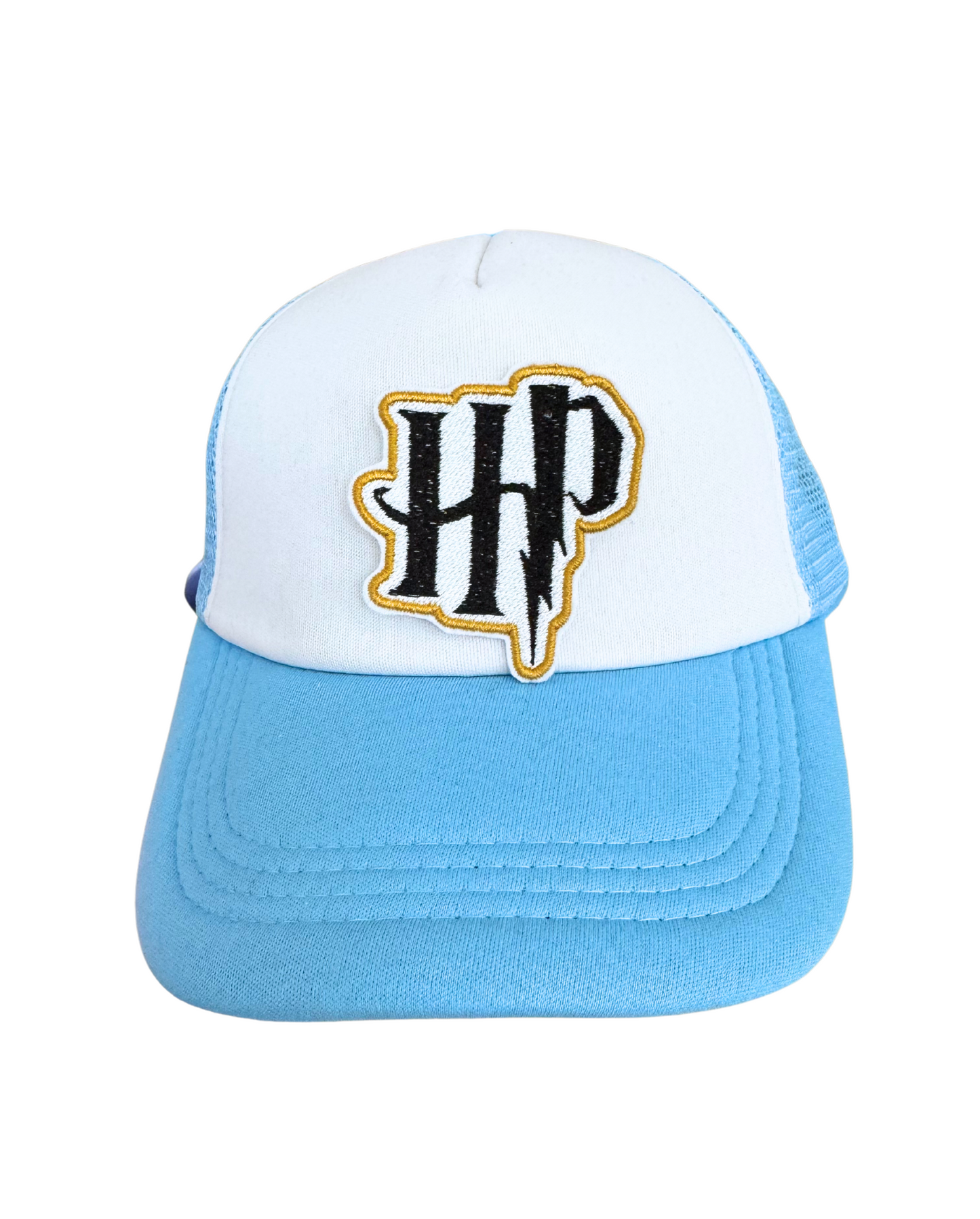 Close-up of Harry Potter HP logo embroidered patch.