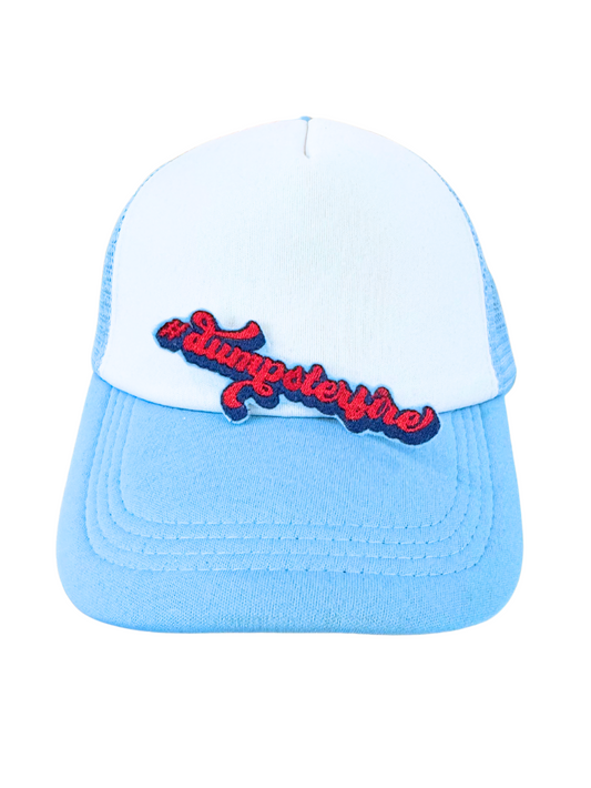 Handmade #Dumpsterfire patch in red and blue.