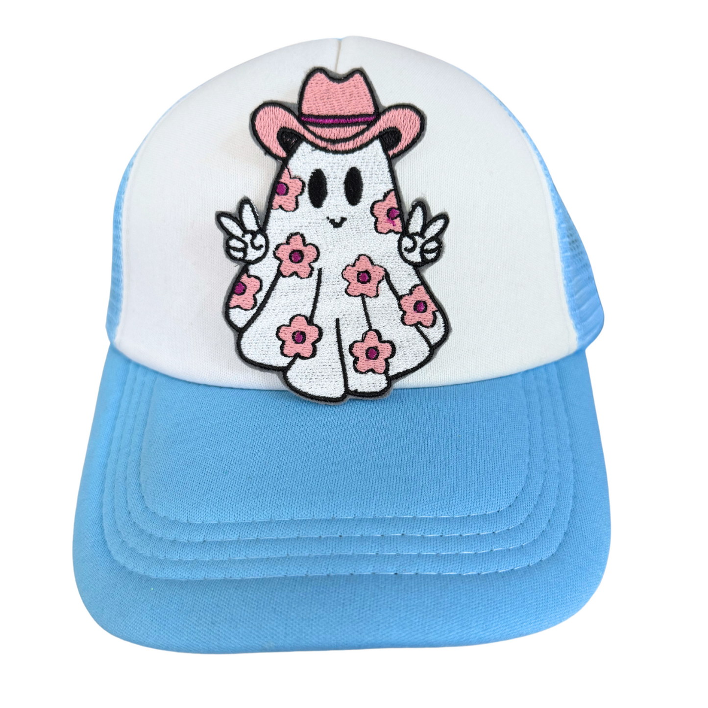 Pink Cowboy Ghost patch with floral print and peace sign.