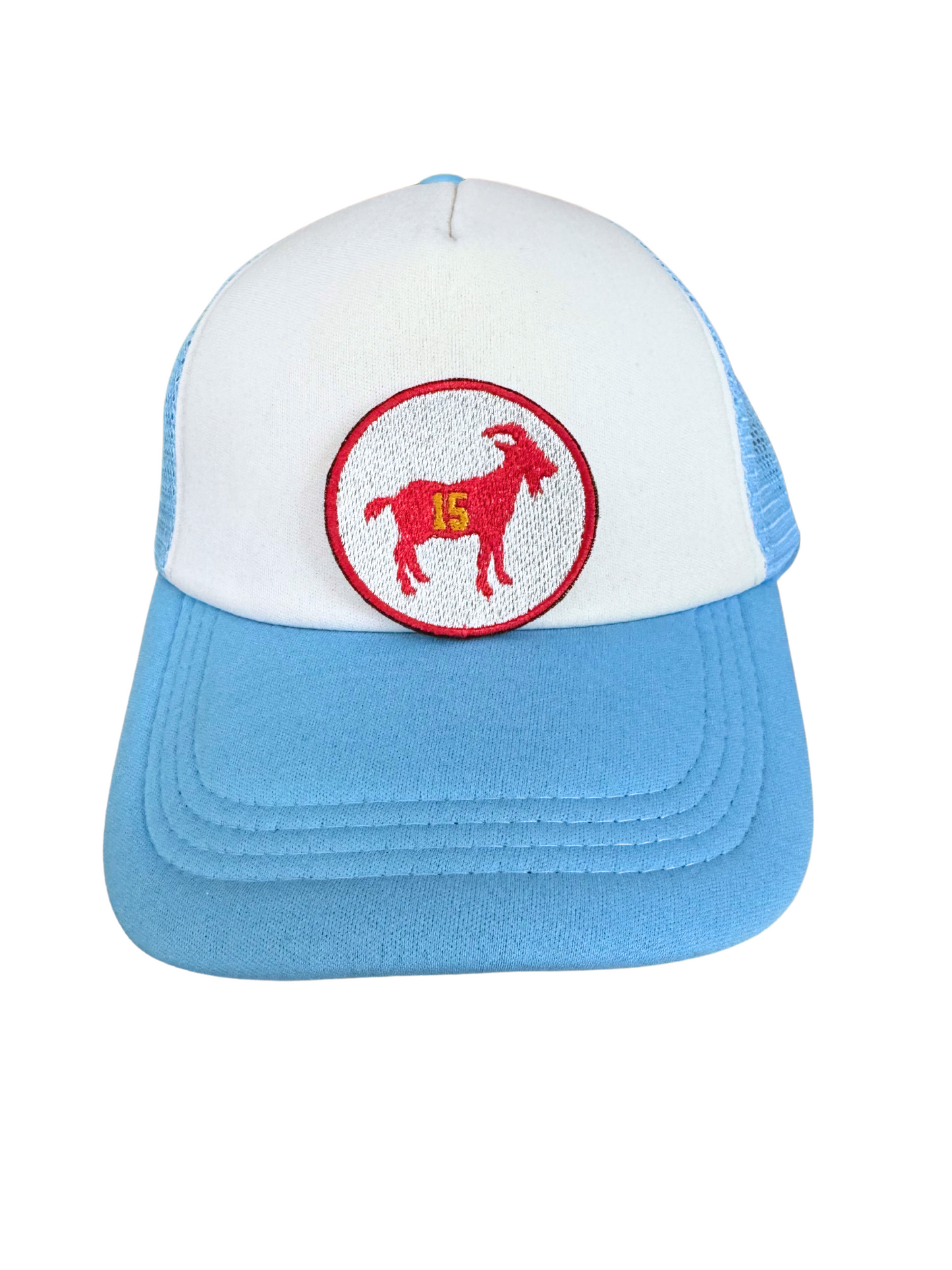 Handmade Patrick Mahomes GOAT 15 patch in red and white.