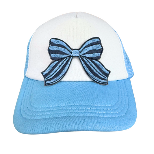 Blue striped bow patch with a classic, elegant design