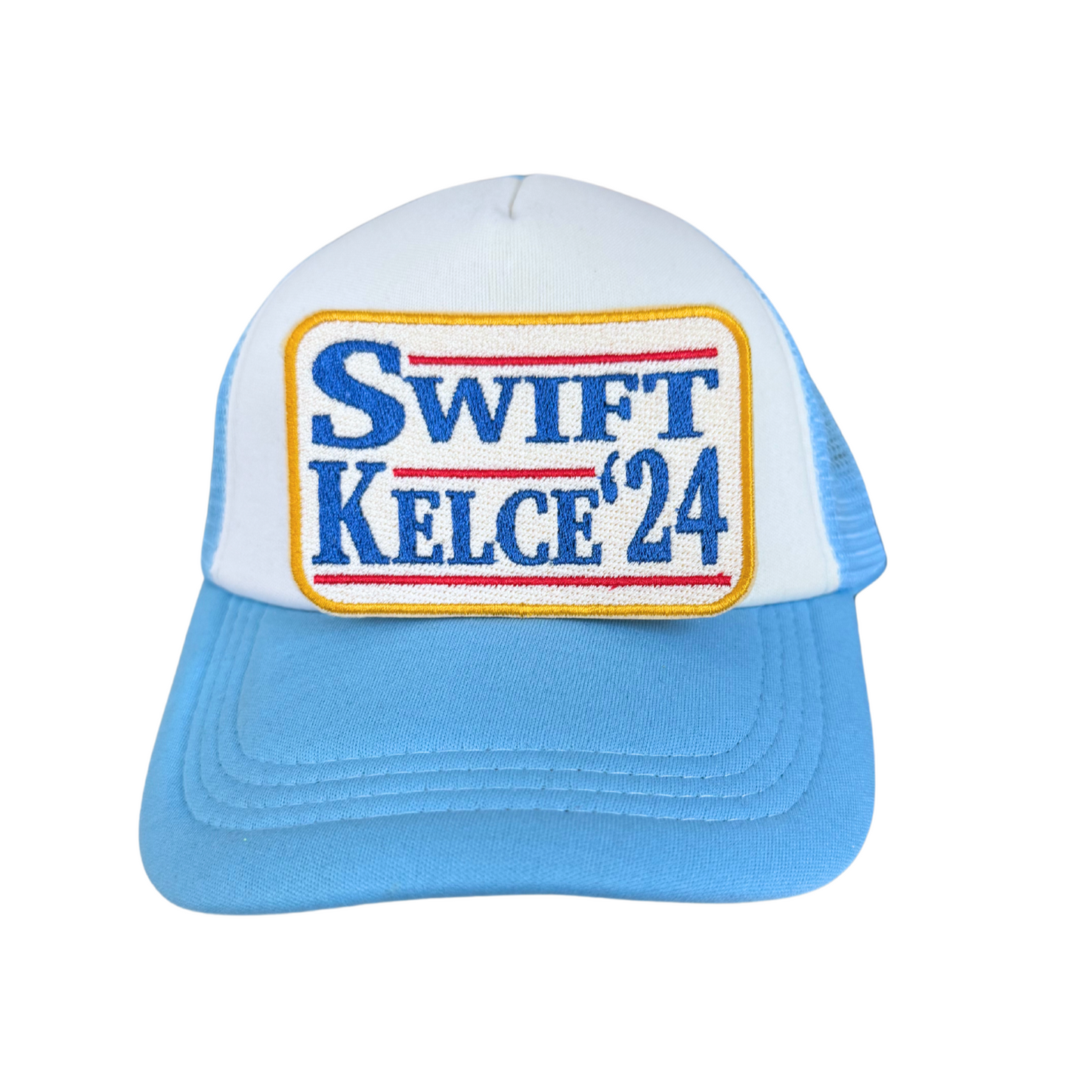 Handmade patch with "Swift Kelce '24" text in a political campaign style.
