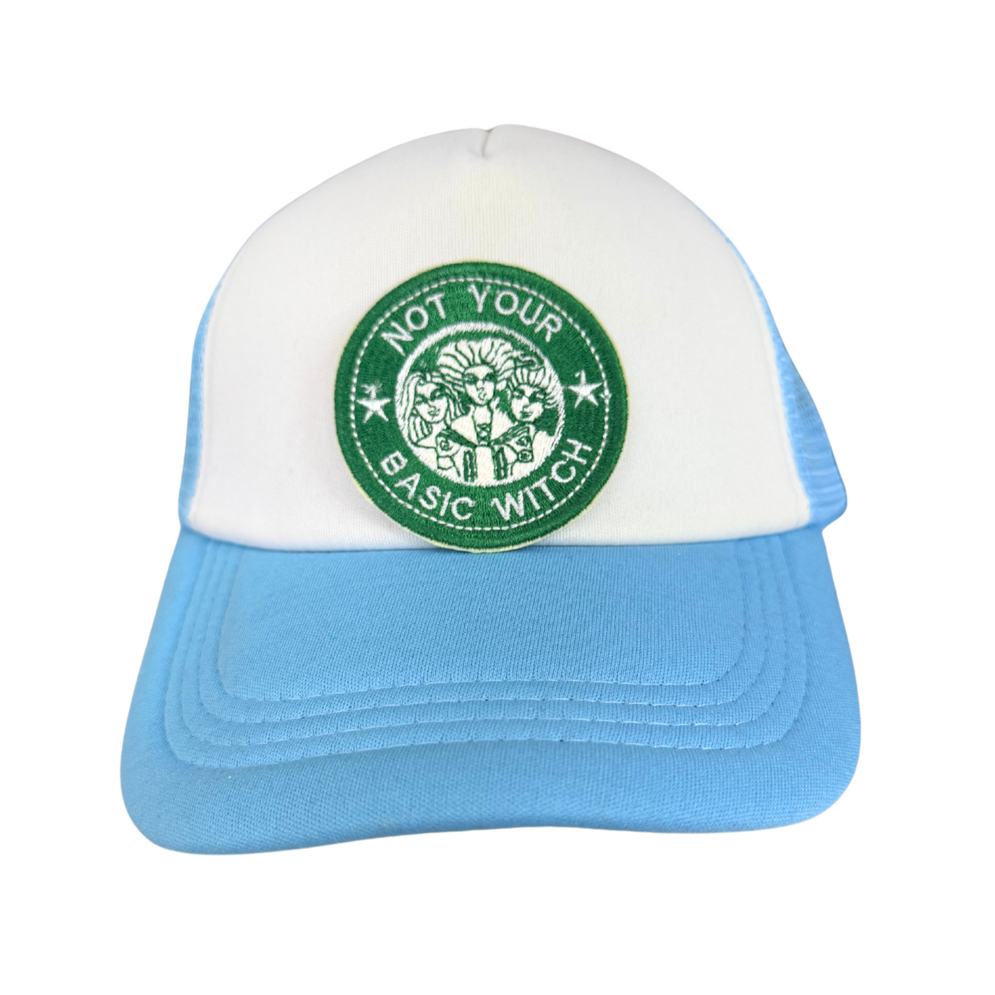 Green embroidered "Not Your Basic Witch" patch inspired by Hocus Pocus and Starbucks.