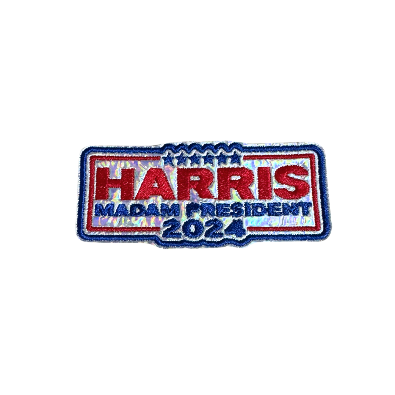 Harris 2024 Madam President Patch with red, white, and blue colors displaying political statement accessory.