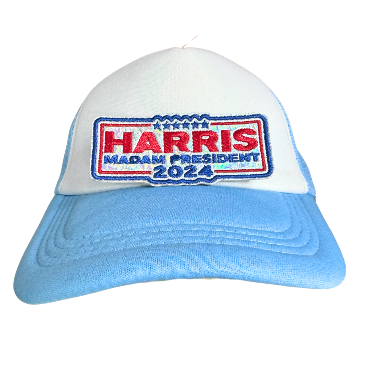 Harris 2024 Madam President patch in red, white, and blue.