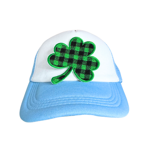 Buffalo plaid shamrock patch in green and black.