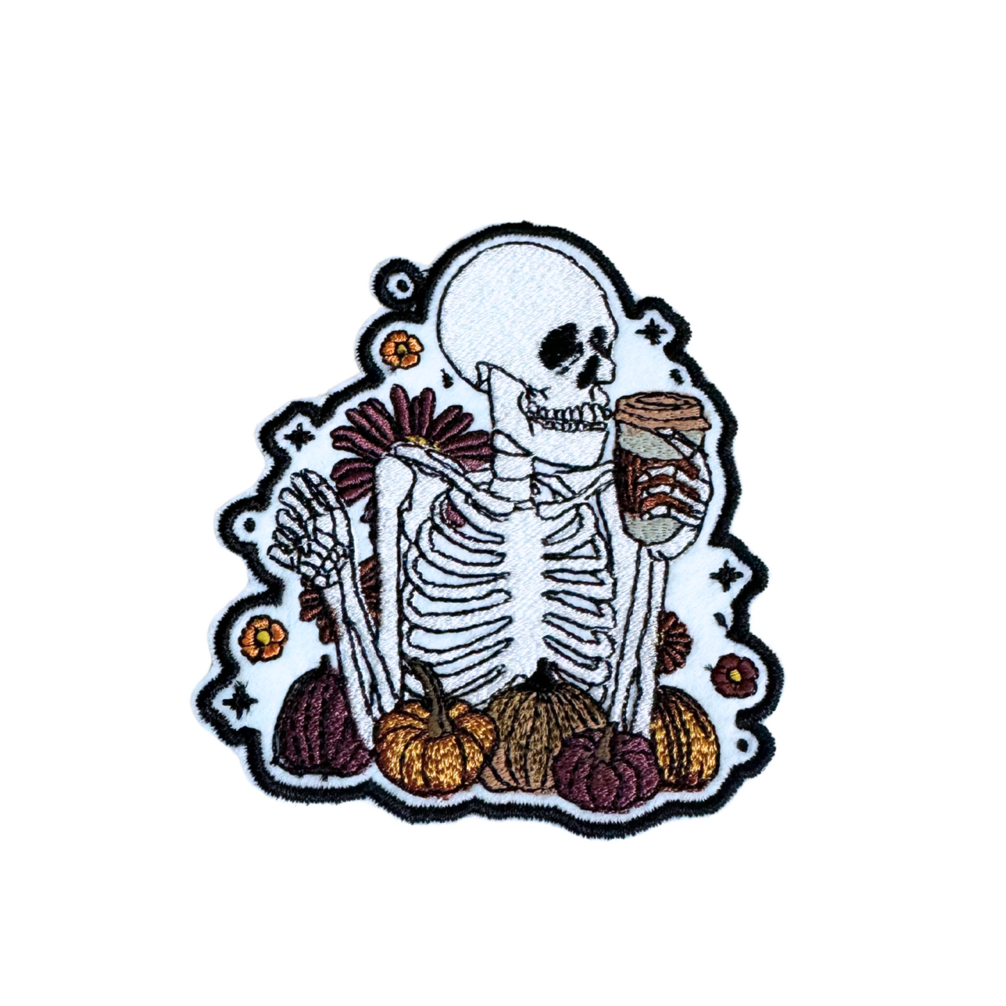 Skeleton Fall Vibes Patch featuring skeleton with pumpkin spice latte and autumn elements.