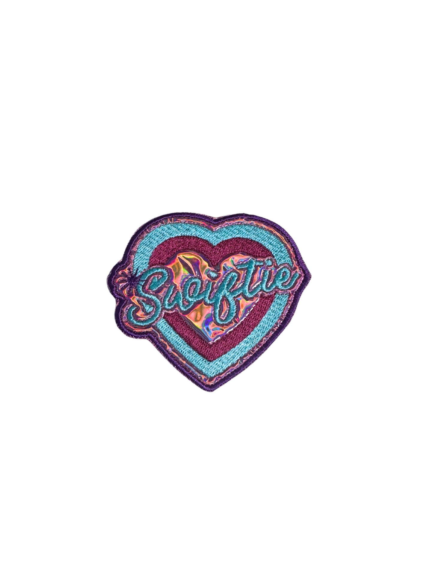 Swiftie Heart holographic iron-on patch with colorful design.
