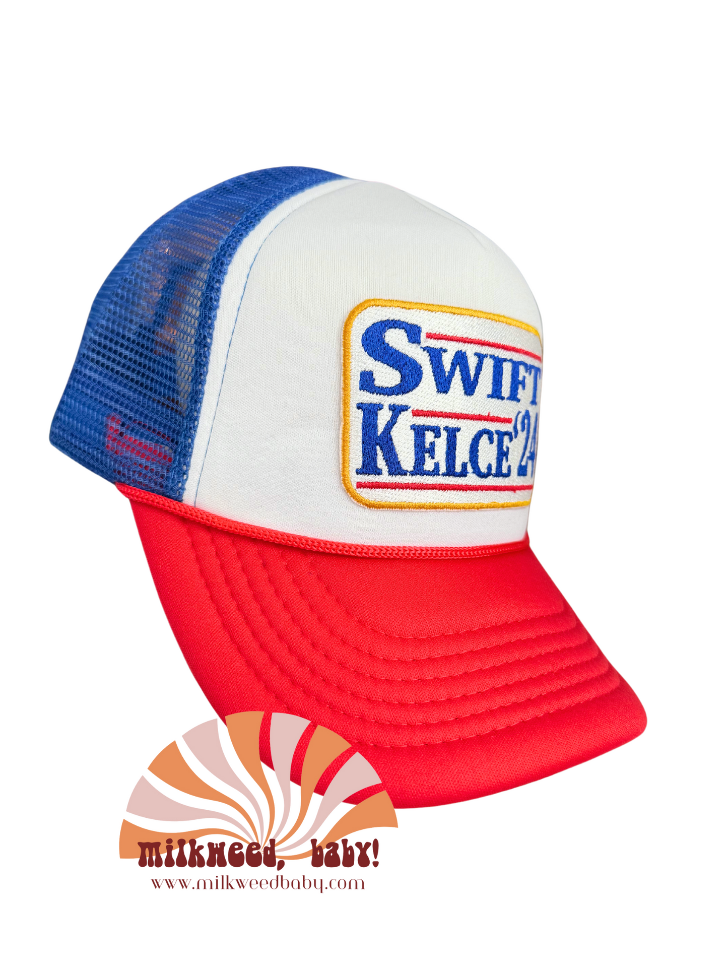 Swift Kelce '24 embroidered patch on red, white, and blue trucker hat.