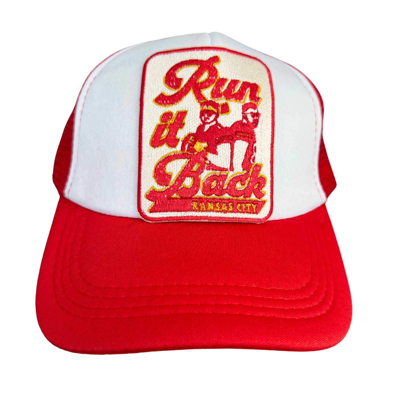 Kansas City Chiefs "Run It Back" trucker hat with Patrick Mahomes and Travis Kelce embroidery, red and white.