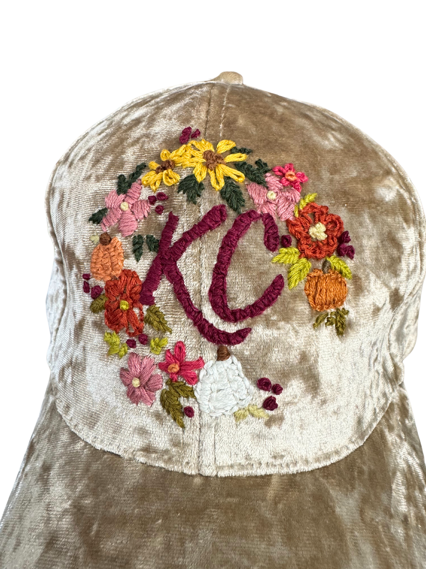 Beige Velvet KC Hat – Hand-Embroidered Floral Design with KC Logo, Ready to Ship, Made in Kansas City