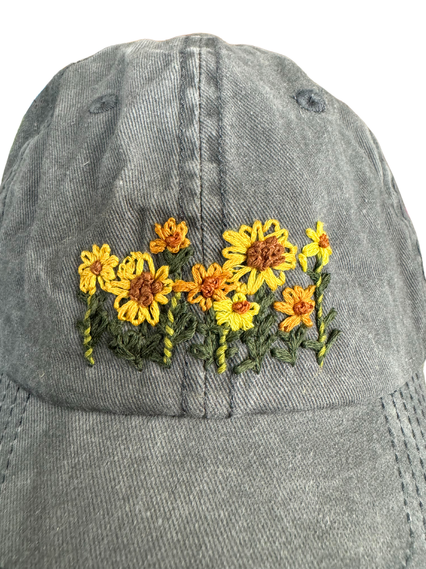 Hand-Embroidered Sunflower Hat – Floral Design on Grey Baseball Cap, Ready to Ship, Made in Kansas City