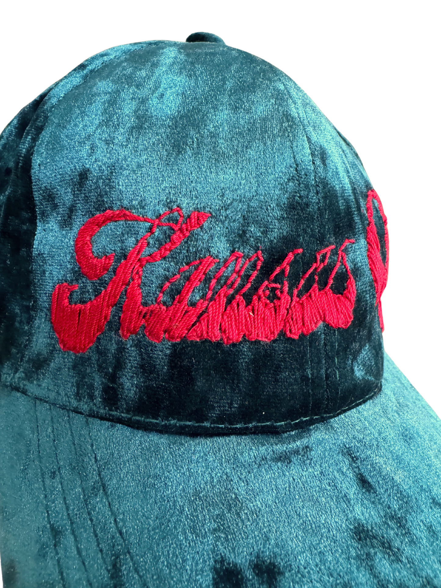 Teal Velvet Kansas City Hat – Hand-Embroidered Red "Kansas City" Script, KC Current Colors, Ready to Ship, Made in Kansas City