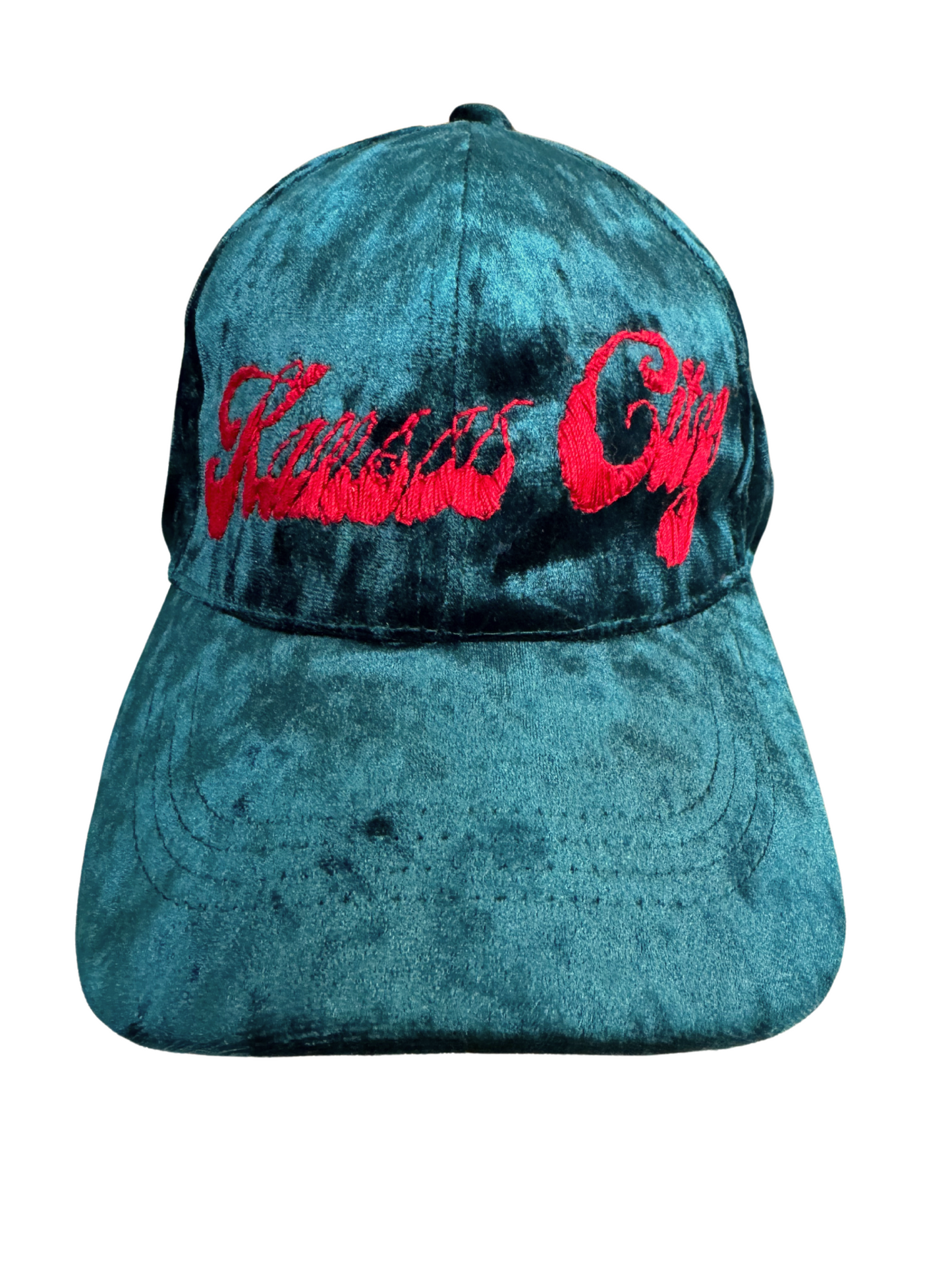 Teal velvet Kansas City hat with hand-embroidered red script, KC Current colors.