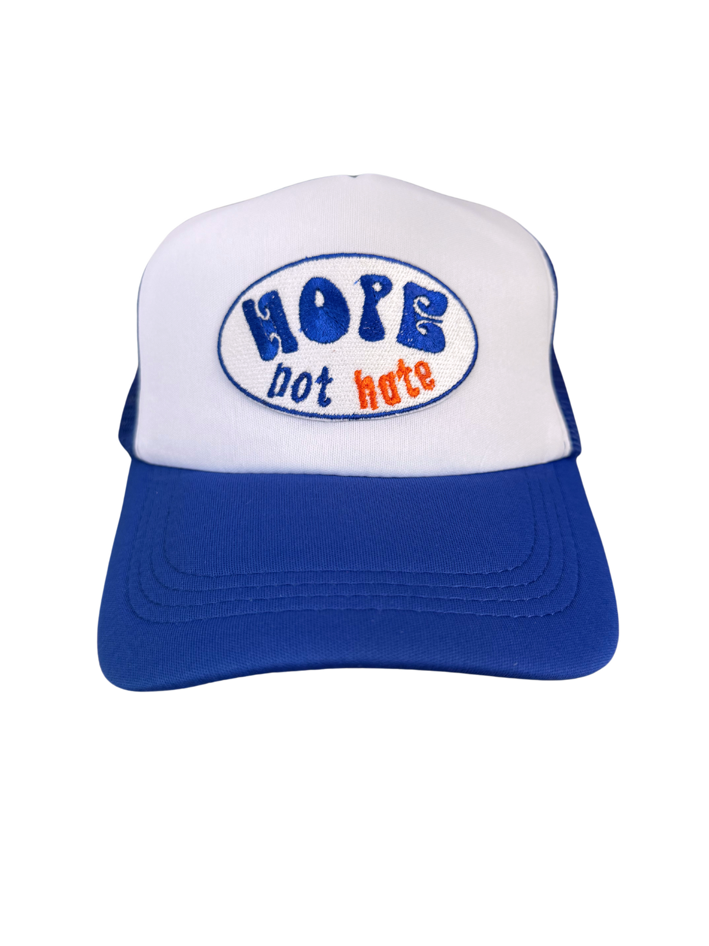 "Hope Not Hate" Blue and White Trucker Hat with Embroidered Patch – Handmade in Kansas City
