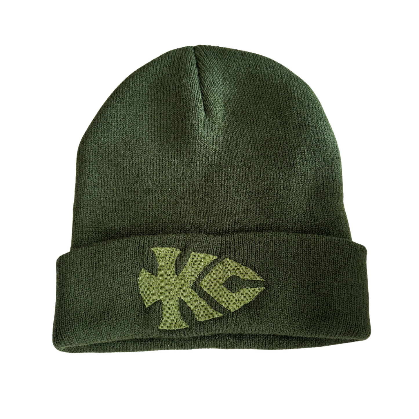Olive green beanie with embroidered KC arrowhead logo in matching green, adult size, Chiefs-inspired Kansas City hat.