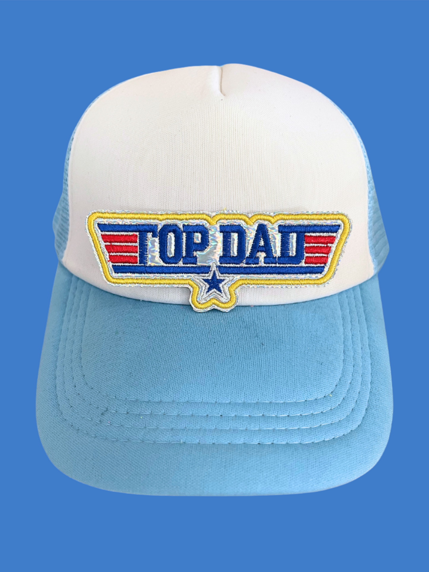 Handmade Top Dad patch with bold Top Gun-inspired design in blue, red, and yellow.